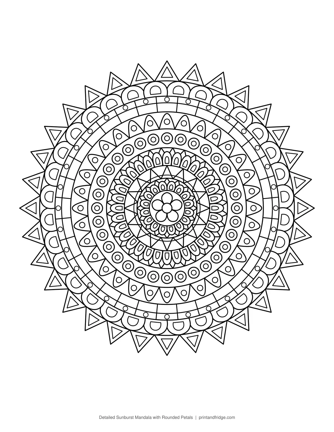 Detailed Sunburst Mandala with Rounded Petals printable coloring page