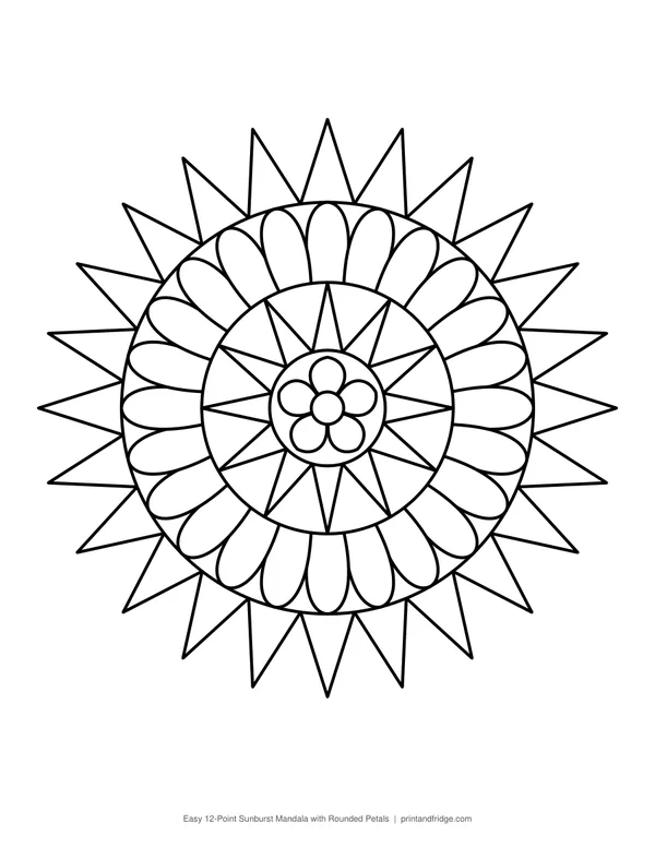 Easy 12-Point Sunburst Mandala with Rounded Petals printable coloring page