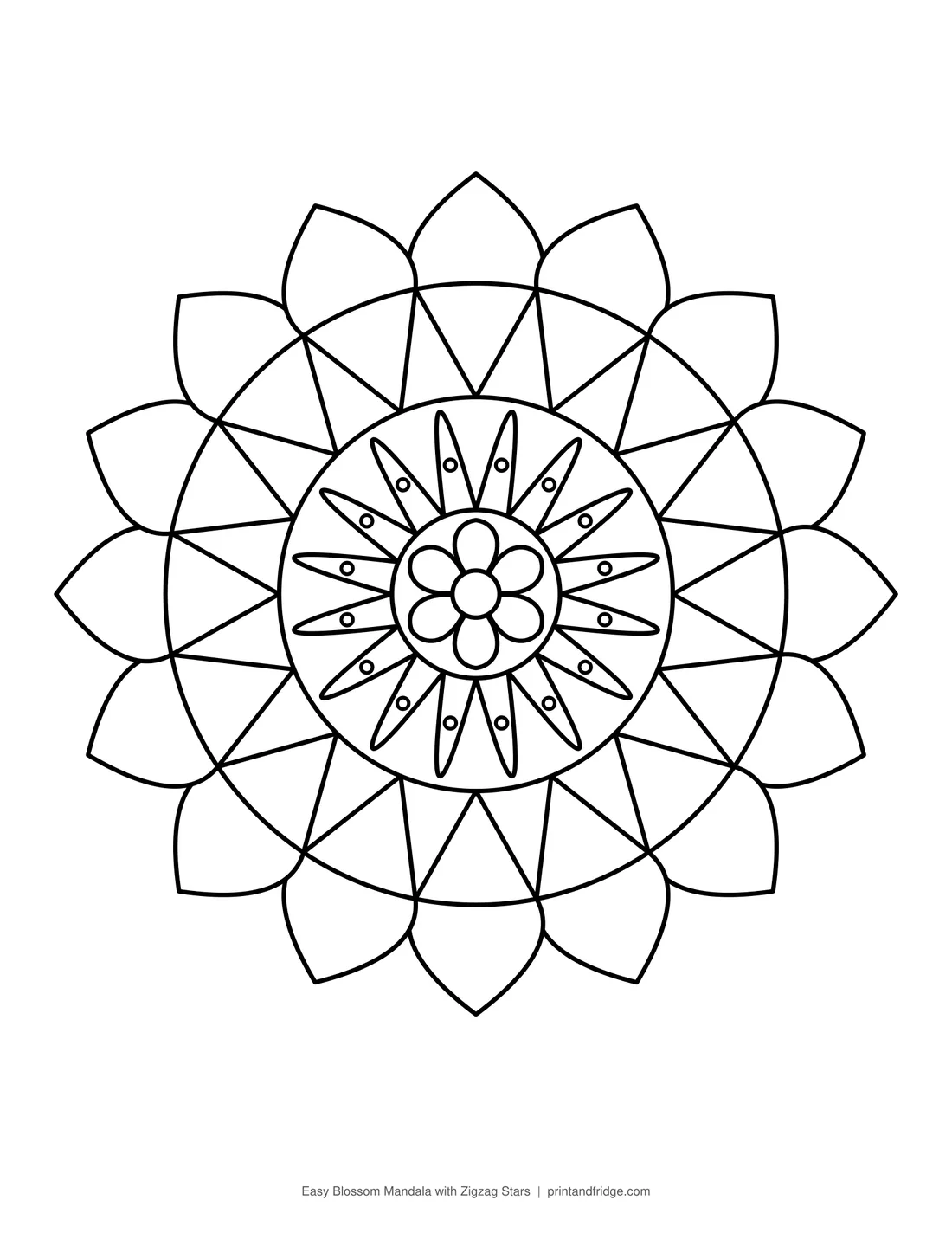 Easy Blossom Mandala with Zigzag Stars printable coloring page