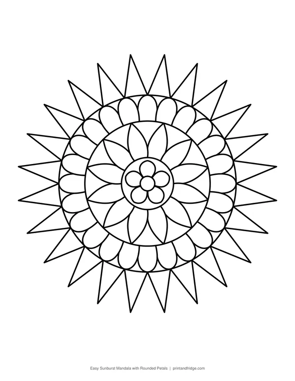 Easy Sunburst Mandala with Rounded Petals printable coloring page