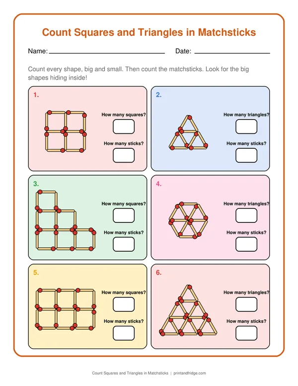 Count Squares and Triangles in Matchsticks printable worksheet