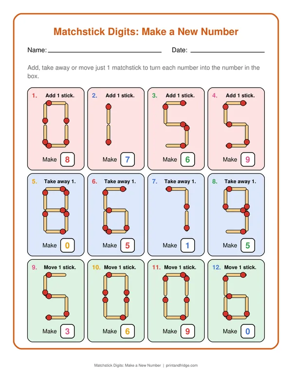 Matchstick Digits: Make a New Number printable worksheet