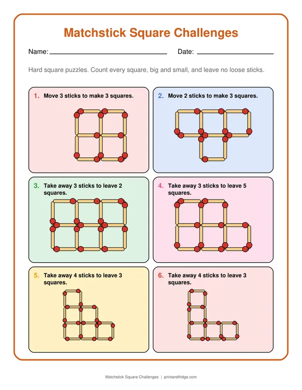 Matchstick Square Challenges printable worksheet