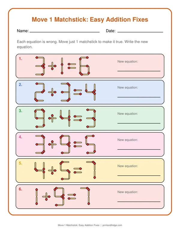 Move 1 Matchstick: Easy Addition Fixes printable worksheet