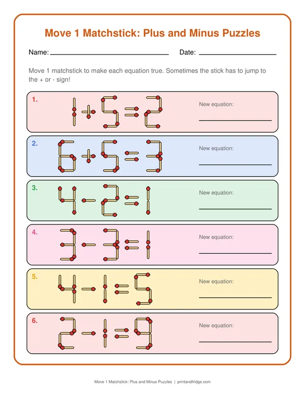 Move 1 Matchstick: Plus and Minus Puzzles printable worksheet