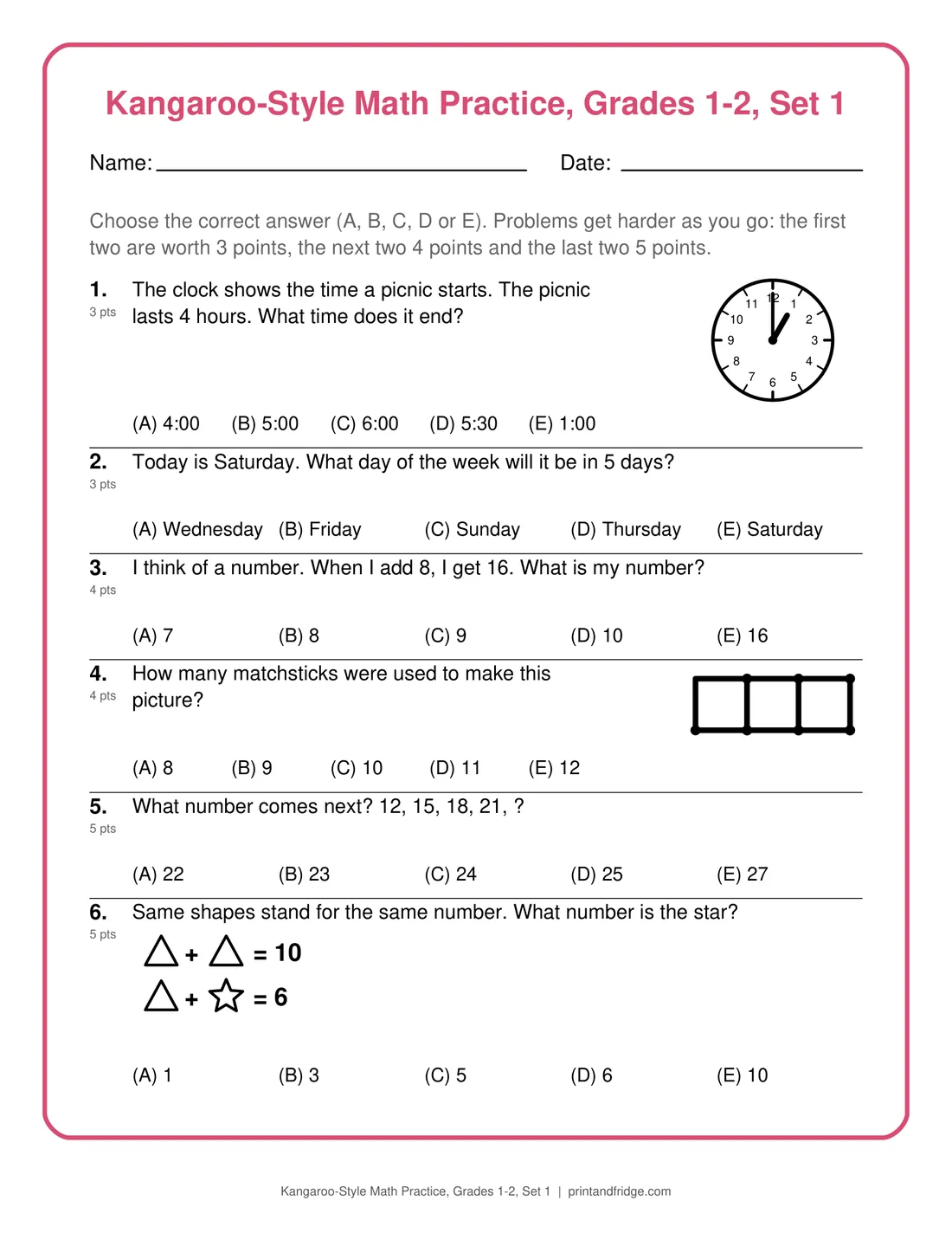 Kangaroo-Style Math Practice, Grades 1-2, Set 1 printable practice set