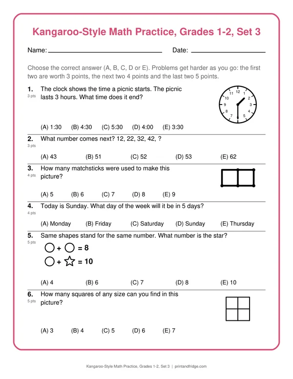 Kangaroo-Style Math Practice, Grades 1-2, Set 3 printable practice set