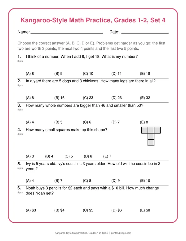 Kangaroo-Style Math Practice, Grades 1-2, Set 4 printable practice set