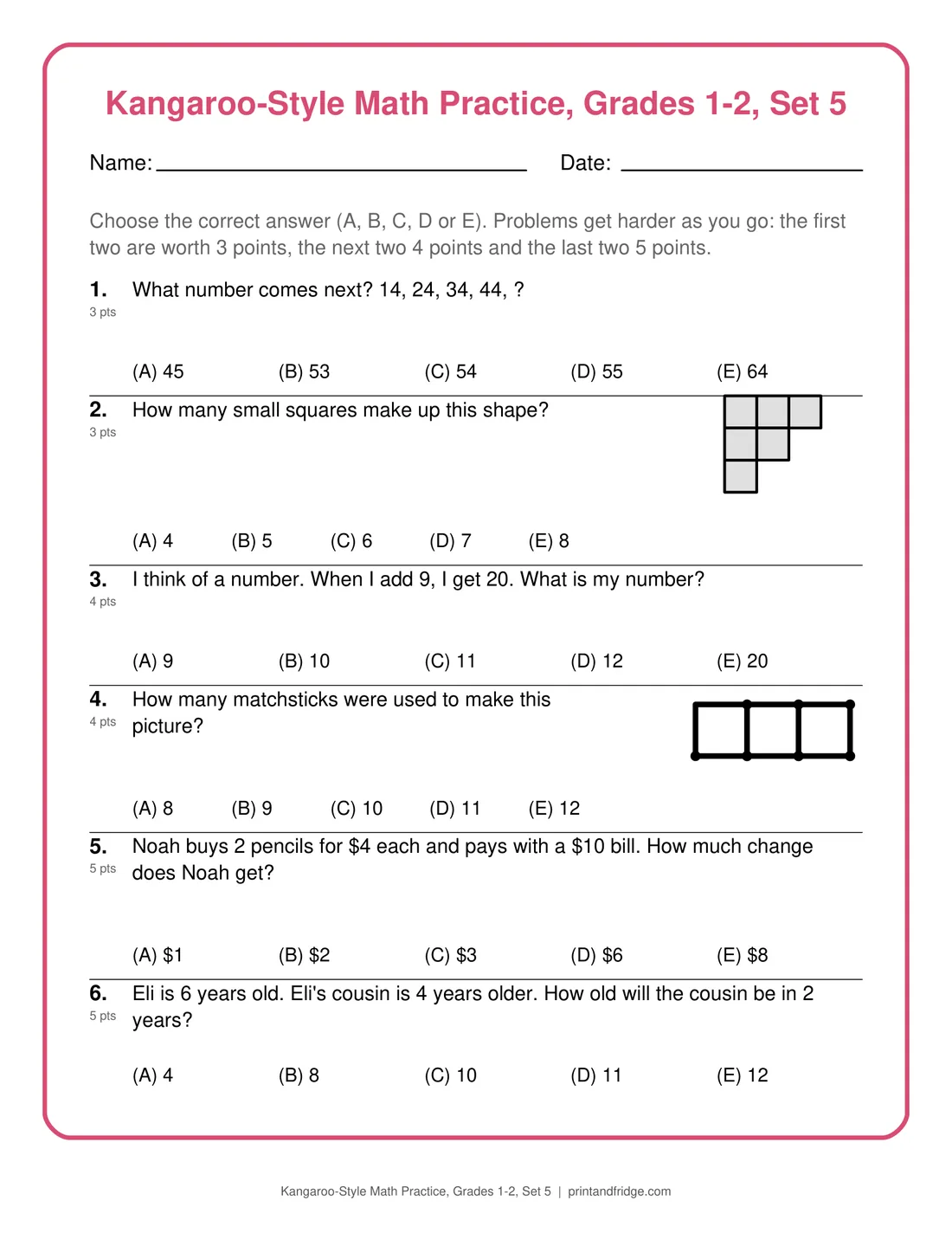Kangaroo-Style Math Practice, Grades 1-2, Set 5 printable practice set