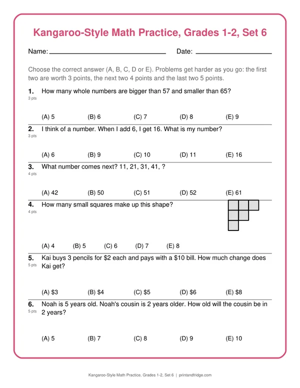 Kangaroo-Style Math Practice, Grades 1-2, Set 6 printable practice set