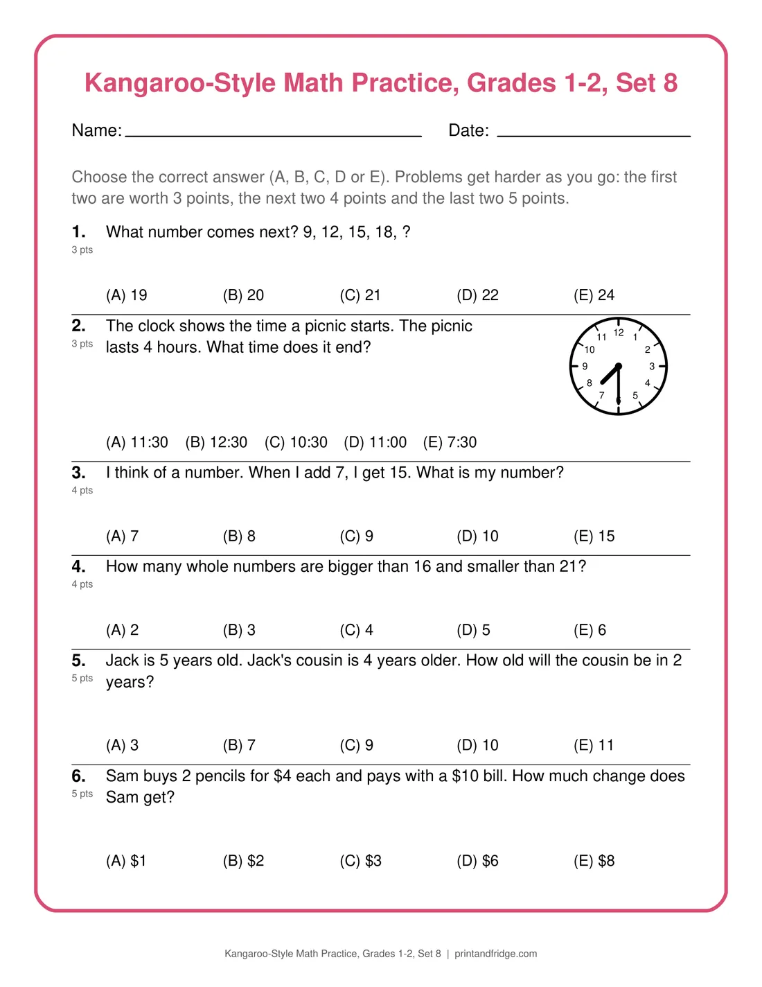 Kangaroo-Style Math Practice, Grades 1-2, Set 8 printable practice set