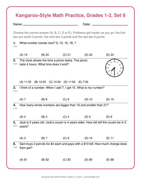 Kangaroo-Style Math Practice, Grades 1-2, Set 8 printable practice set