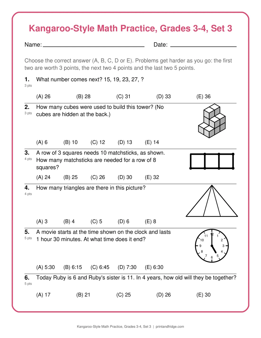 Kangaroo-Style Math Practice, Grades 3-4, Set 3 printable practice set