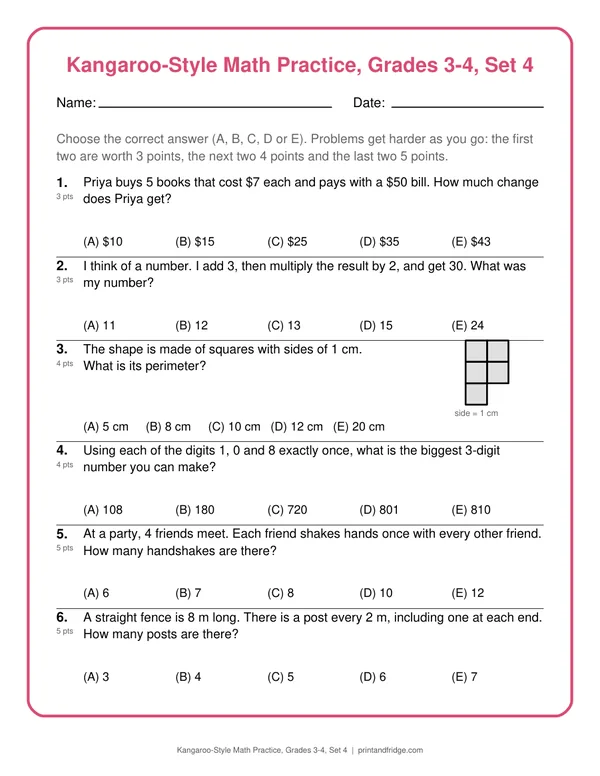 Kangaroo-Style Math Practice, Grades 3-4, Set 4 printable practice set