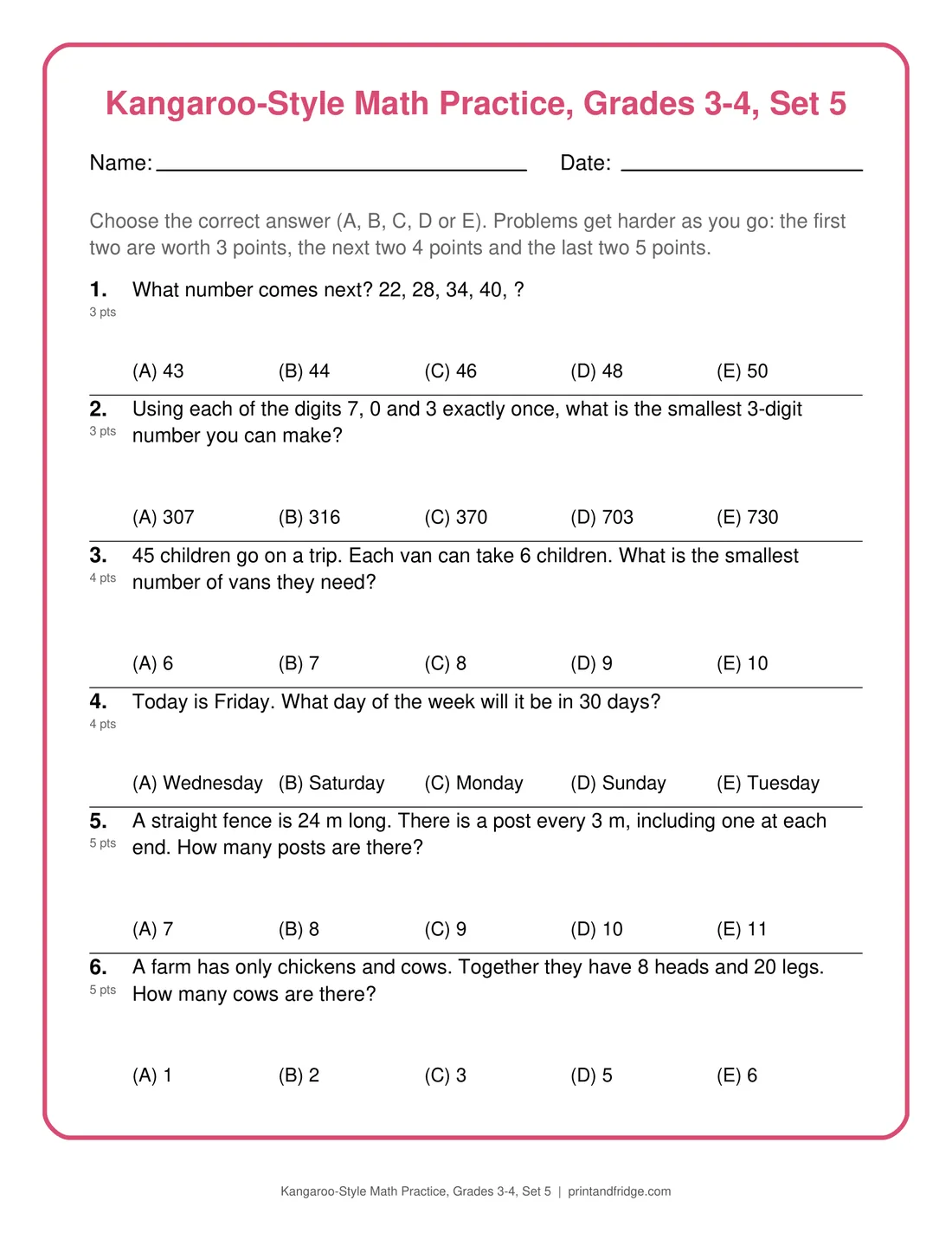 Kangaroo-Style Math Practice, Grades 3-4, Set 5 printable practice set
