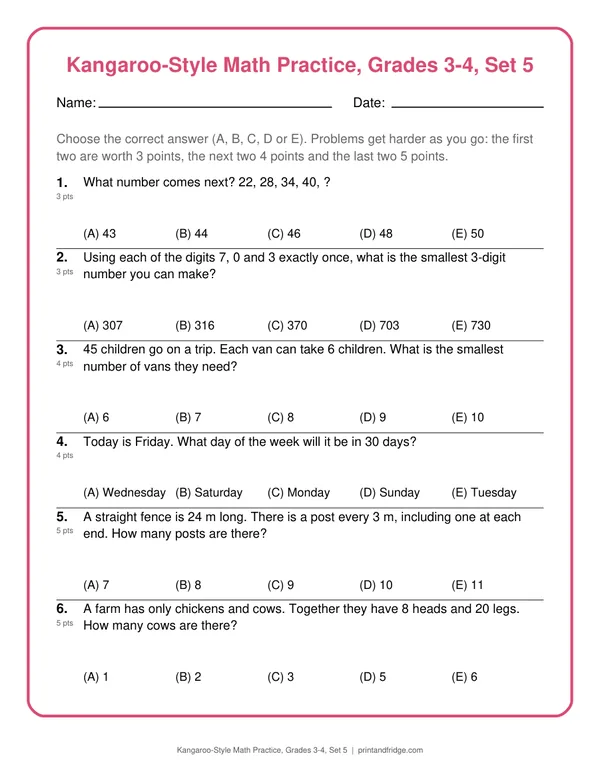 Kangaroo-Style Math Practice, Grades 3-4, Set 5 printable practice set