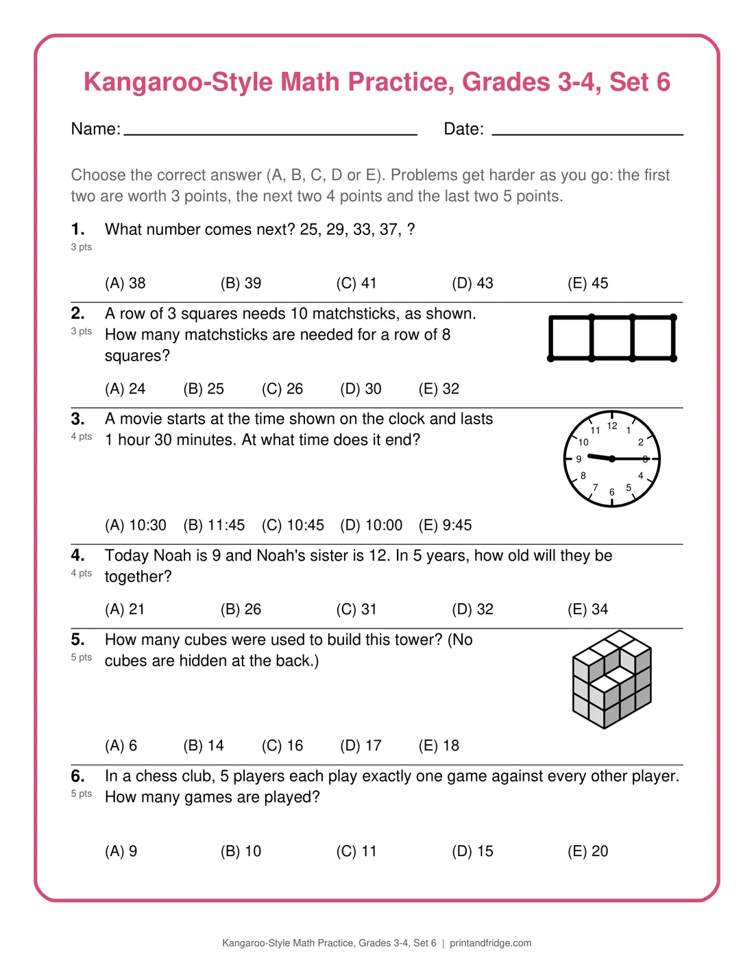 Kangaroo-Style Math Practice, Grades 3-4, Set 6 printable practice set