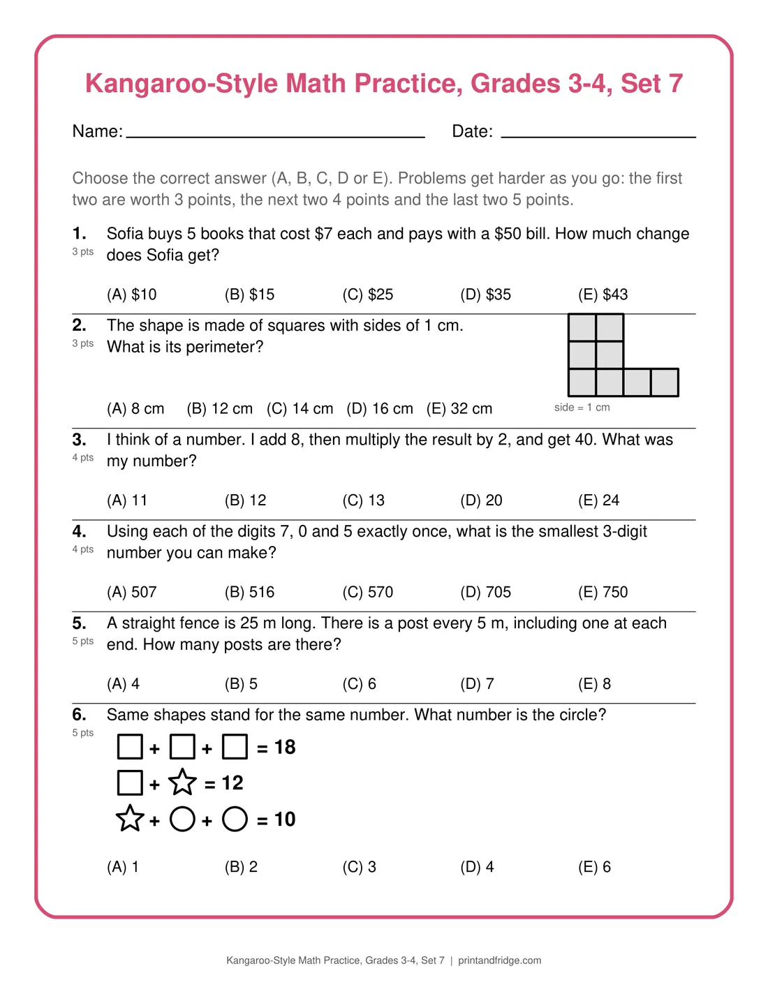 Kangaroo-Style Math Practice, Grades 3-4, Set 7 printable practice set