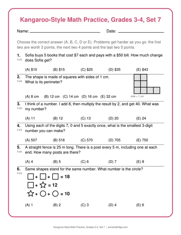 Kangaroo-Style Math Practice, Grades 3-4, Set 7 printable practice set
