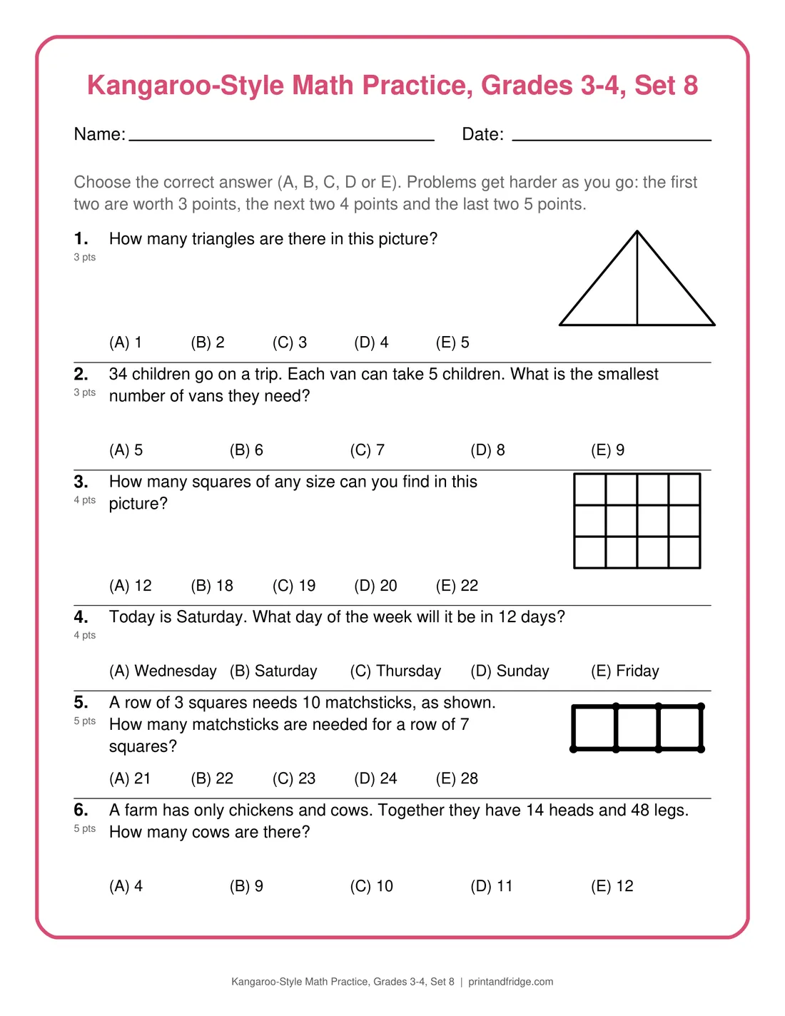 Kangaroo-Style Math Practice, Grades 3-4, Set 8 printable practice set