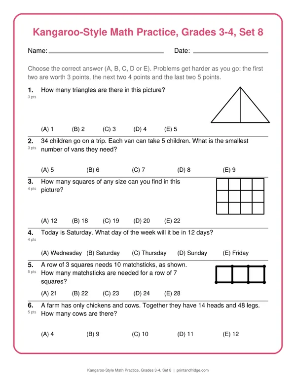 Kangaroo-Style Math Practice, Grades 3-4, Set 8 printable practice set