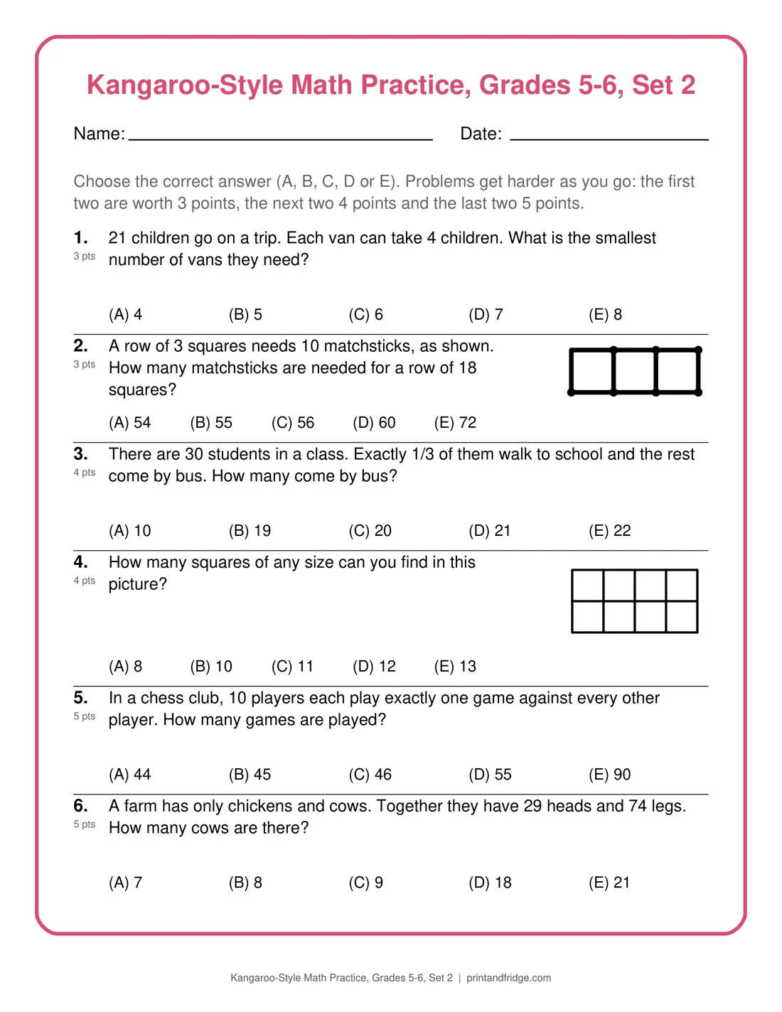 Kangaroo-Style Math Practice, Grades 5-6, Set 2 printable practice set
