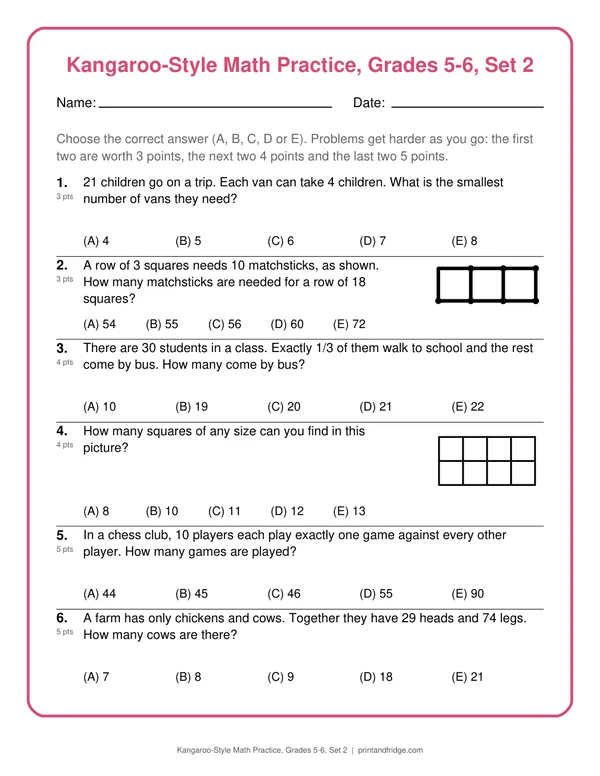 Kangaroo-Style Math Practice, Grades 5-6, Set 2 printable practice set