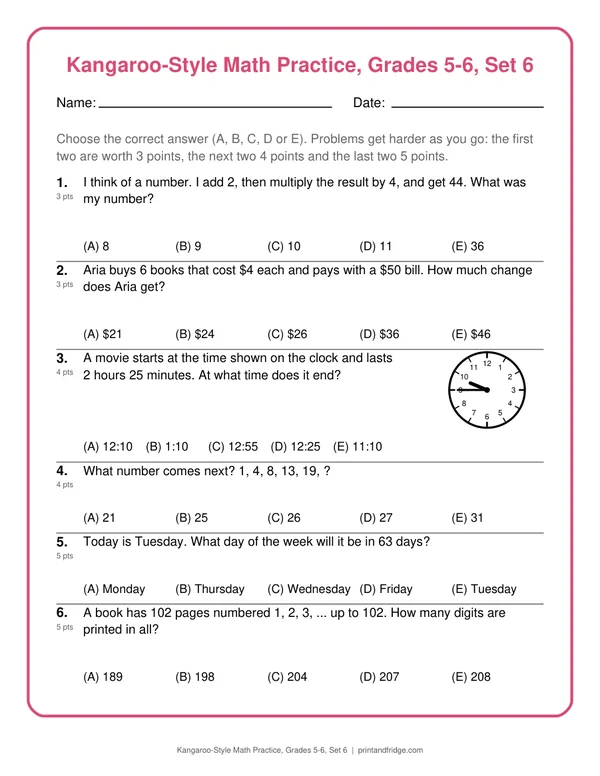 Kangaroo-Style Math Practice, Grades 5-6, Set 6 printable practice set