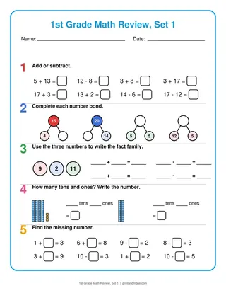 1st Grade Math Review, Set 1
