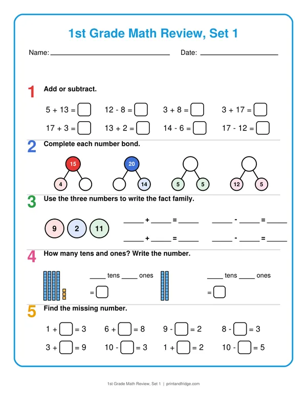 1st Grade Math Review, Set 1 printable review page
