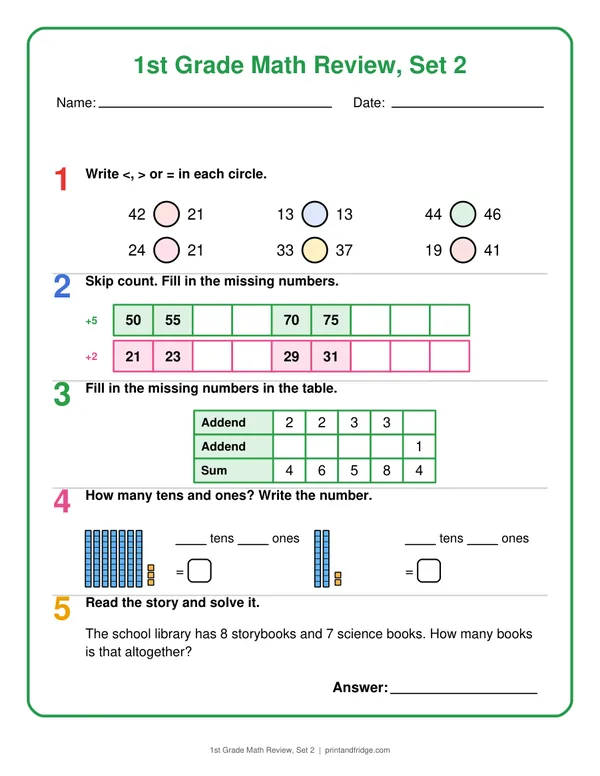 1st Grade Math Review, Set 2 printable review page