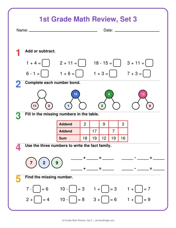 1st Grade Math Review, Set 3 printable review page