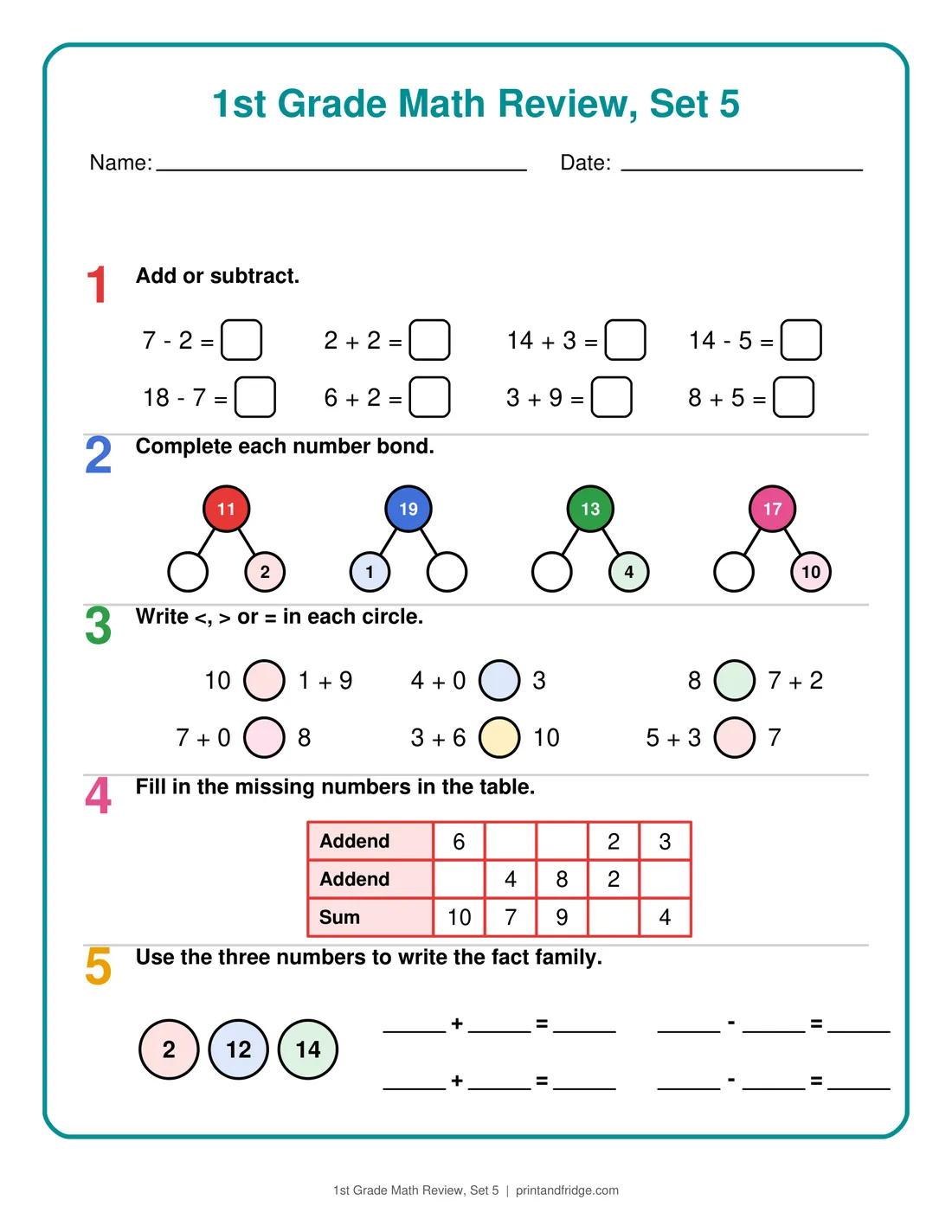 1st Grade Math Review, Set 5 printable review page