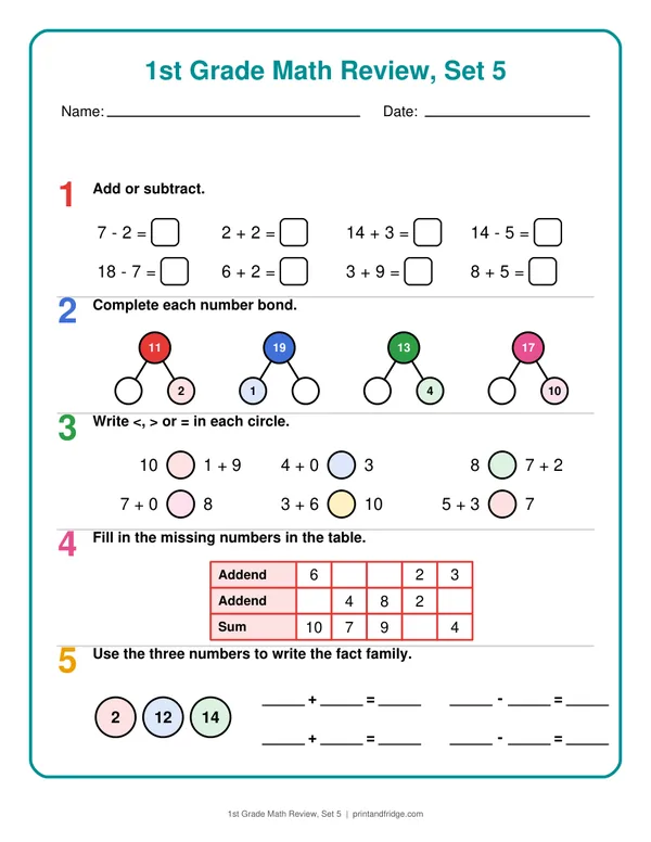 1st Grade Math Review, Set 5 printable review page