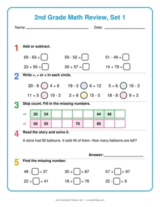 2nd Grade Math Review, Set 1