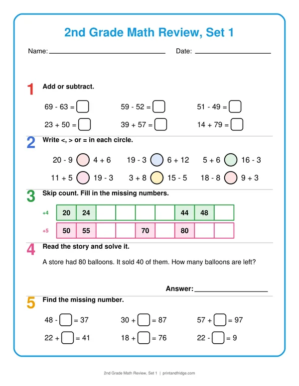 2nd Grade Math Review, Set 1 printable review page