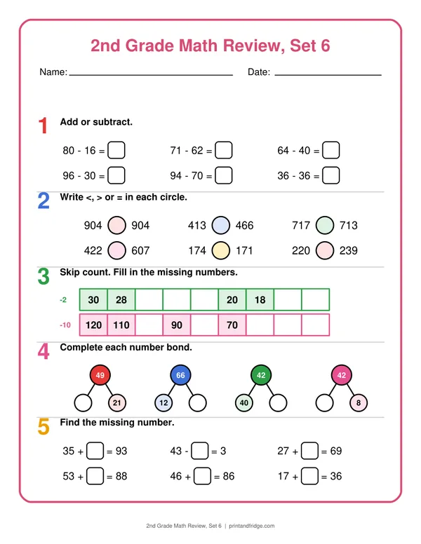 2nd Grade Math Review, Set 6 printable review page