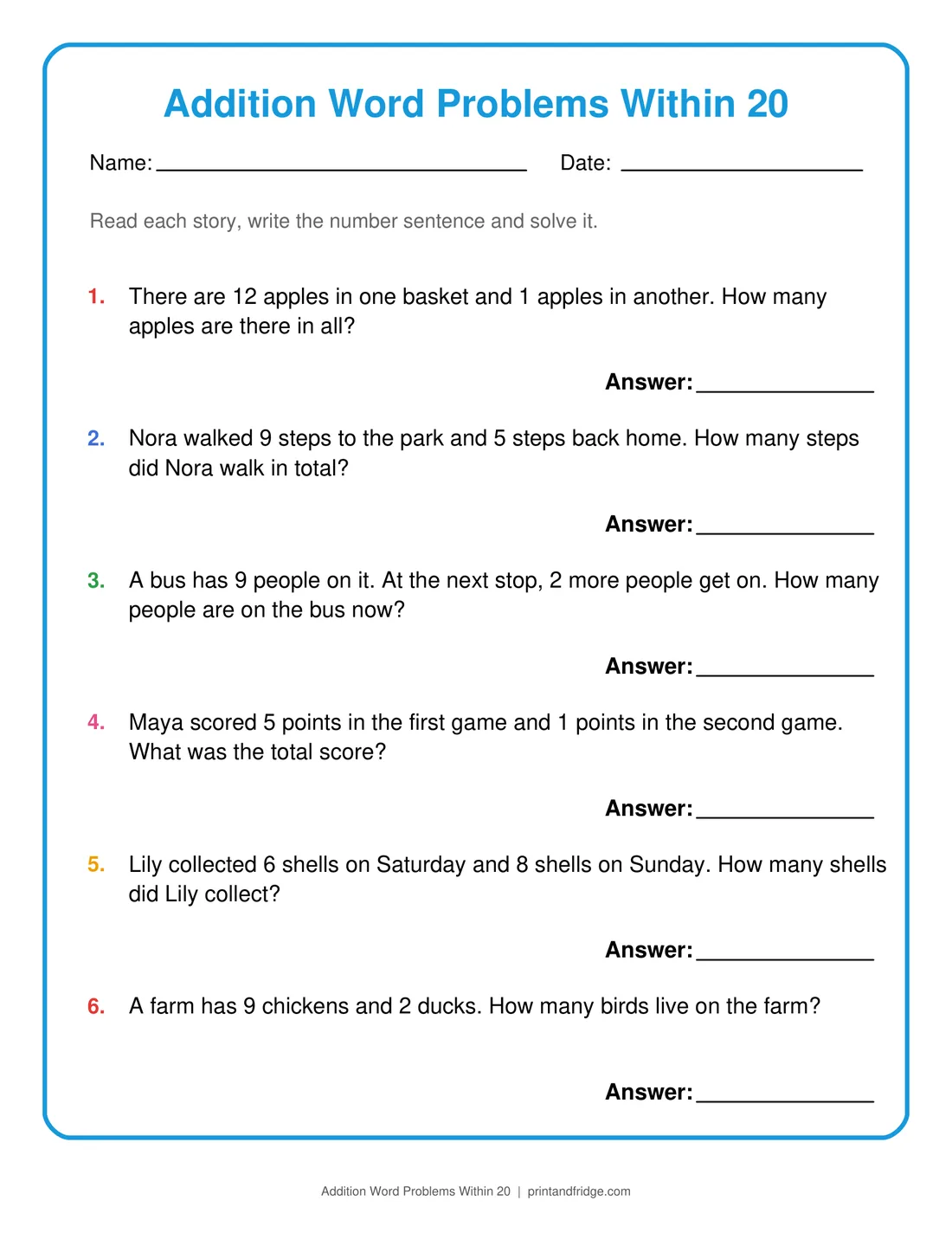 Addition Word Problems Within 20 printable worksheet