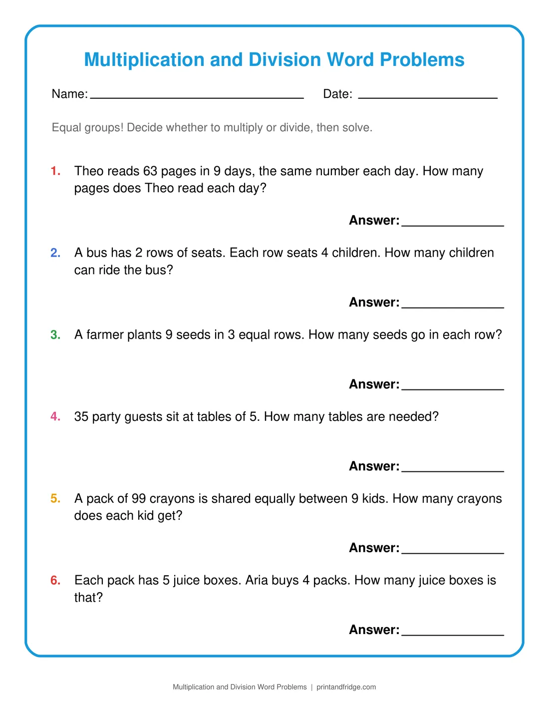 Multiplication and Division Word Problems printable worksheet