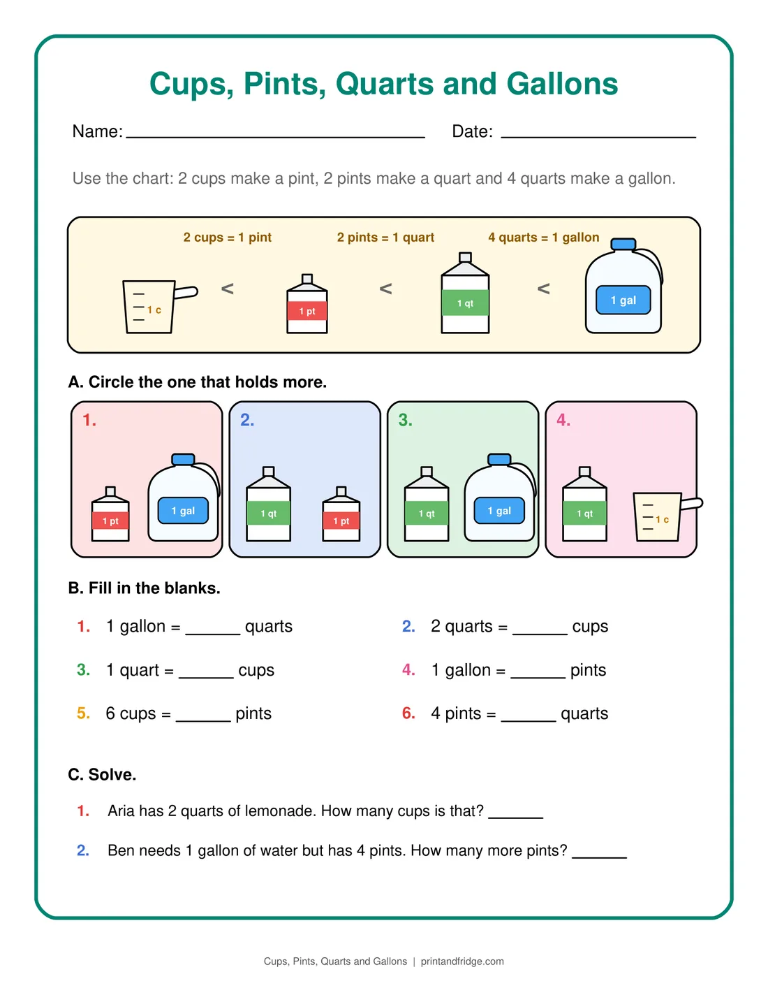 Cups, Pints, Quarts and Gallons printable worksheet