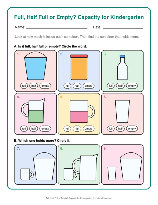 Full, Half Full or Empty? Capacity for Kindergarten worksheet