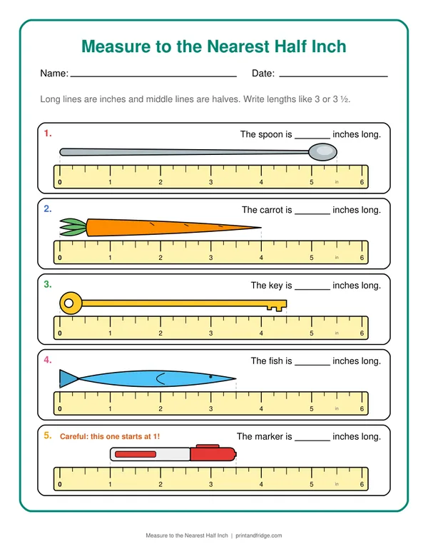 Measure to the Nearest Half Inch printable worksheet