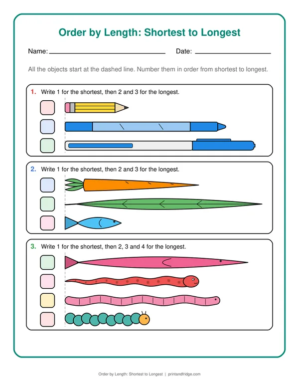 Order by Length: Shortest to Longest printable worksheet