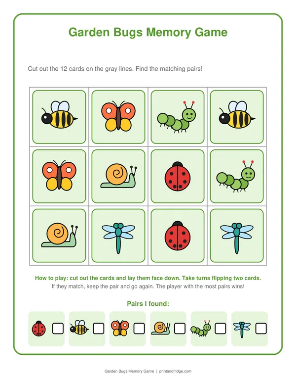 Garden Bugs Memory Game printable activity