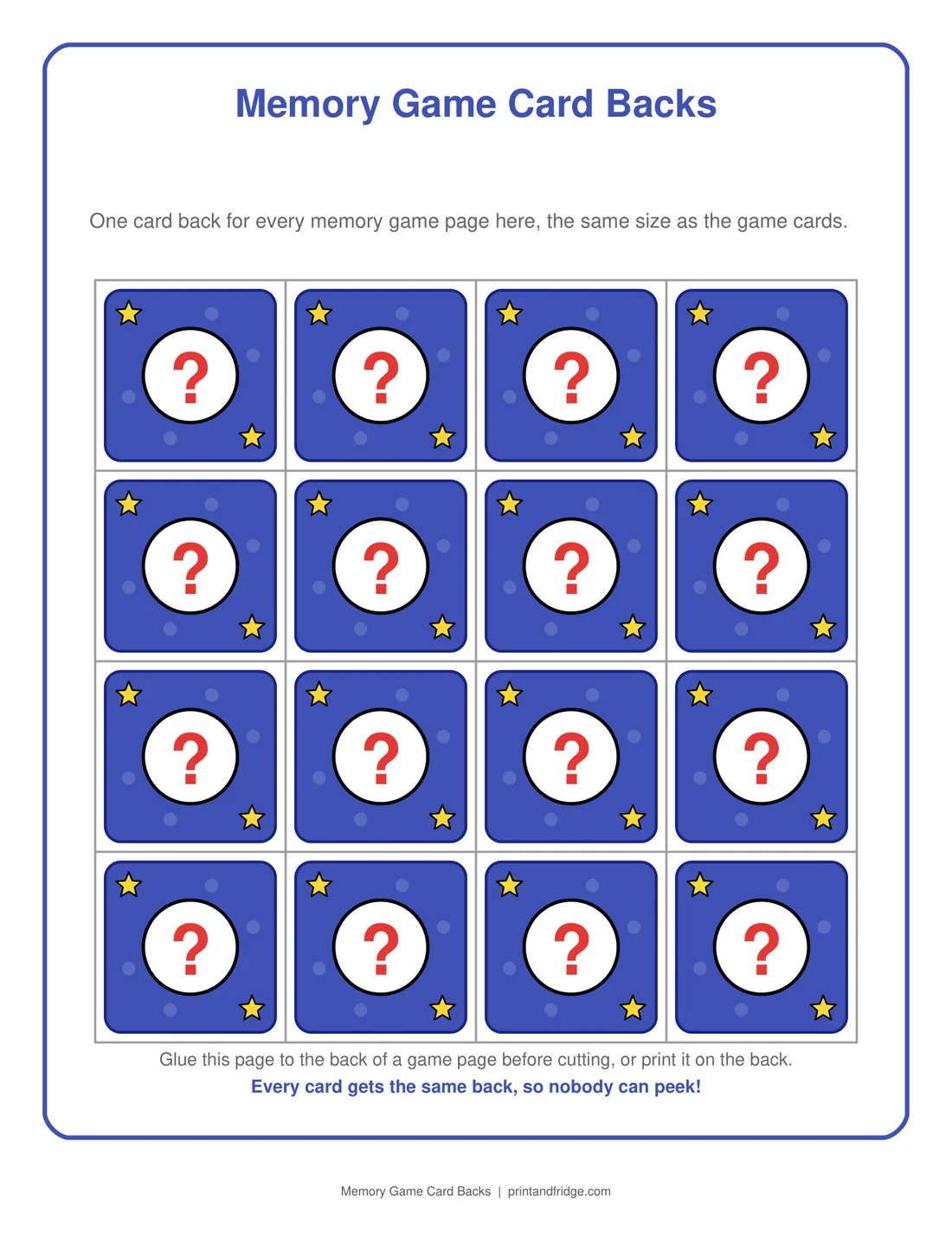 Memory Game Card Backs printable activity