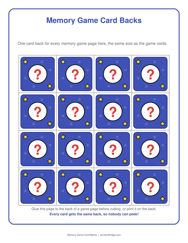 Memory Game Card Backs printable activity