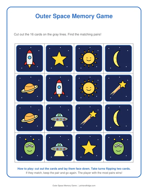 Outer Space Memory Game printable activity