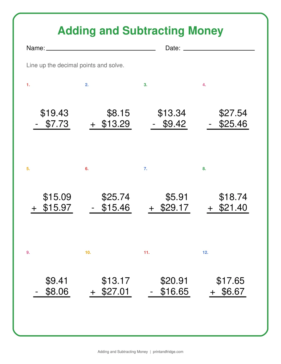 Adding and Subtracting Money printable worksheet