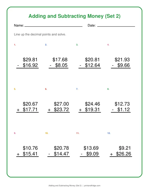 Adding and Subtracting Money (Set 2) printable worksheet