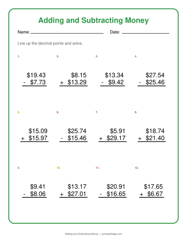 Adding and Subtracting Money printable worksheet